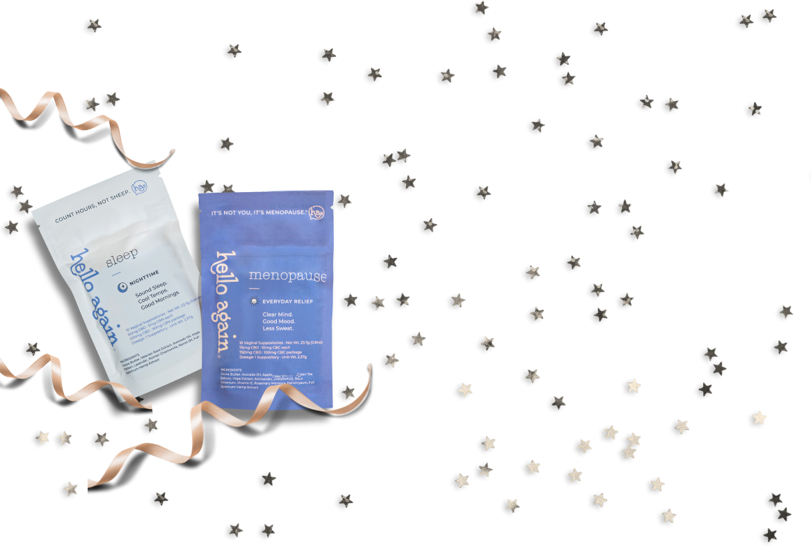 Hello Again Sleep and Menopause products with holiday ribbons and star confetti.