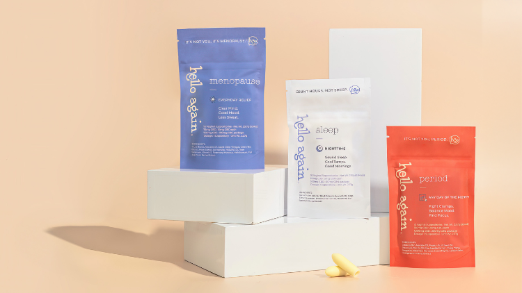 Hello Again Menopause, Sleep, and Period vaginal suppositories.