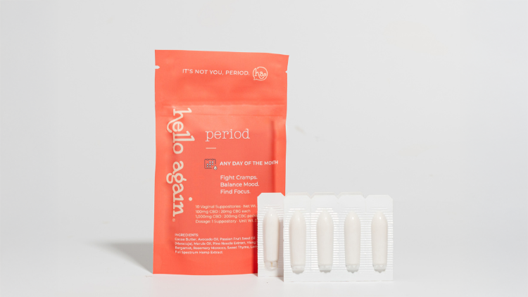 Hello Again Period CBD suppositories packaging and individual suppositories on a clean background, showcasing a product designed to support menstrual pain relief.