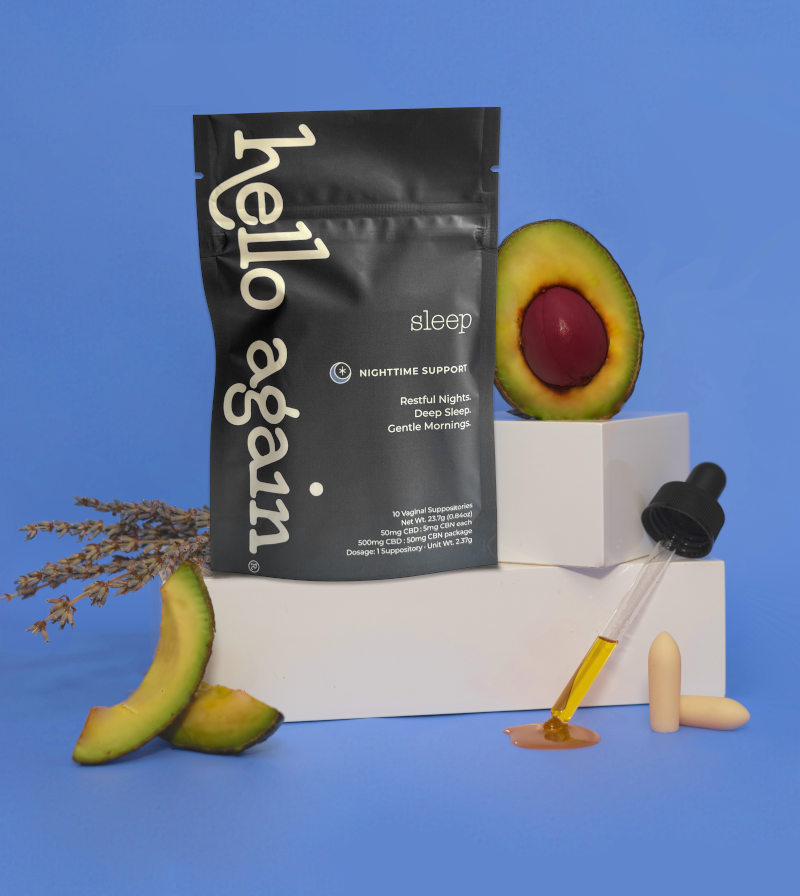 Sleep product on display next to avocado and tincture dropper