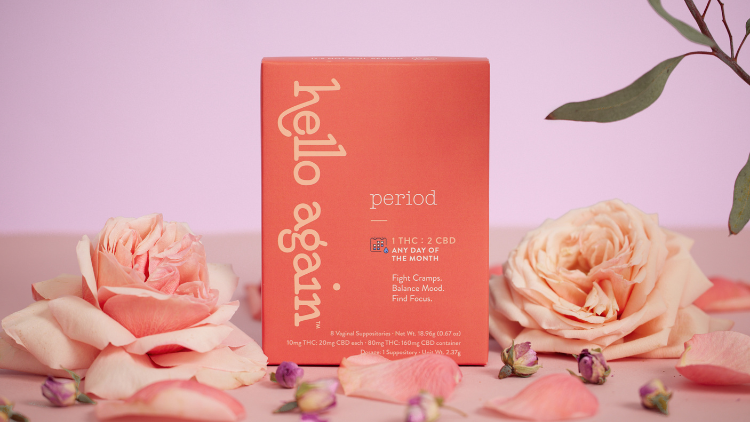 A box of Hello Again Period is displayed with pink roses on a pink backdrop.