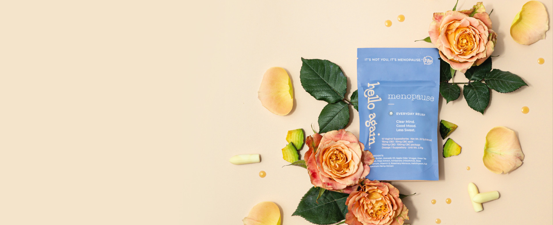 Hello Again menopause product with flowers around