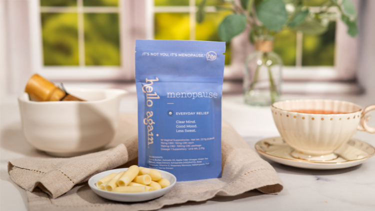 Hello Again Menopause is on a kitchen counter with a dish of suppositories and hot tea.
