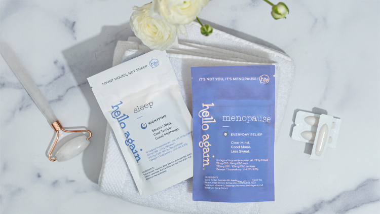 Hello Again Menopause and Sleep products from an above angle on a bathroom counter.