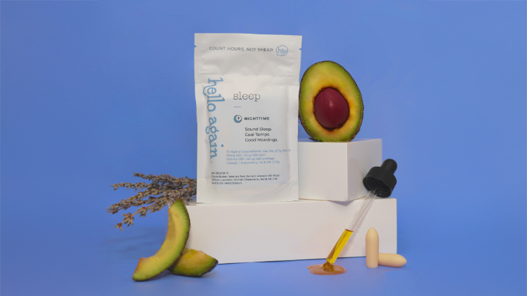 Hello Again's Sleep formula featuring cannabinoids for women's wellness.