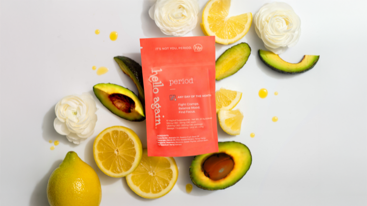 Hello Again's Period formula featuring cannabinoids for women's wellness.