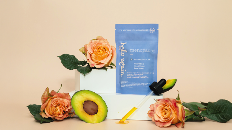 Hello Again Menopause product with botanicals and natural ingredients.
