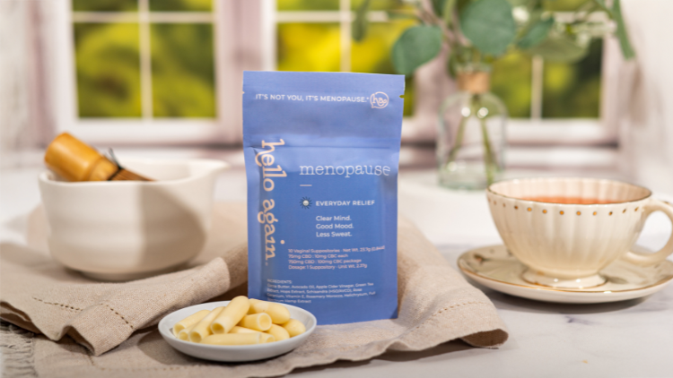 Hello Again Menopause product sitting on a counter with tea.