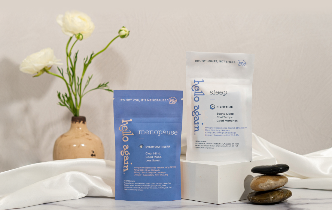 Hello Again Menopause and Sleep Products on Display next to Rocks and some Flowers