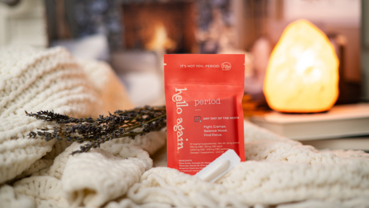 Hello Again Period product sits in a warm cozy blanket.