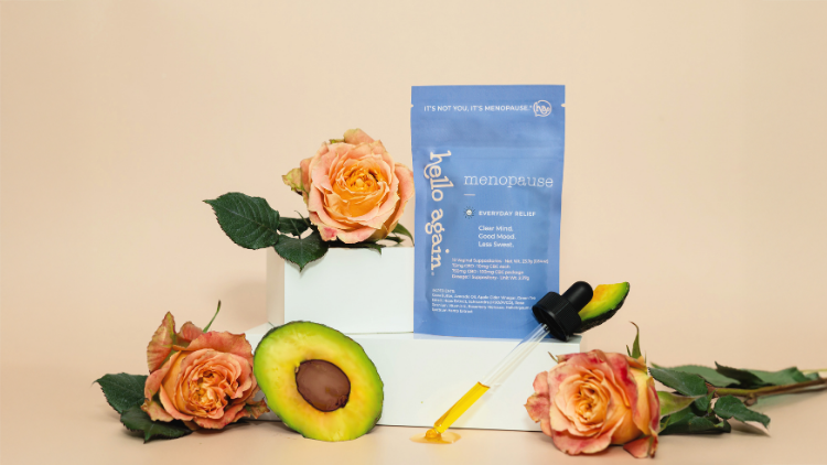 Hello Again CBD for menopause symptoms displayed with natural ingredients and botanical elements symbolizing plant-powered hormone-free support.