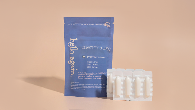 Hello Again Menopause suppositories and packaging on neutral background, highlighting CBD for Perimenopause and Menopause daily relief.