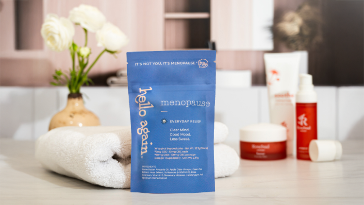 Hello Again Menopause support suppositories displayed in bathroom, designed to help manage common signs of menopause
