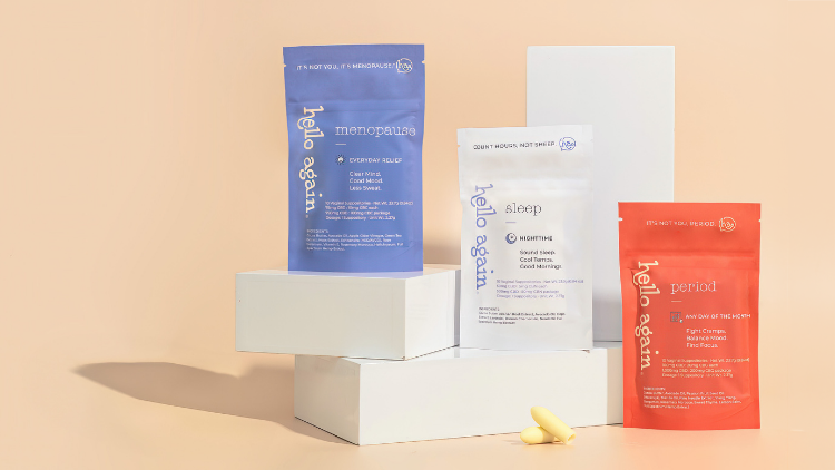 Hello Again Menopause, Sleep, and Period suppositories supporting hormone biomarkers.
