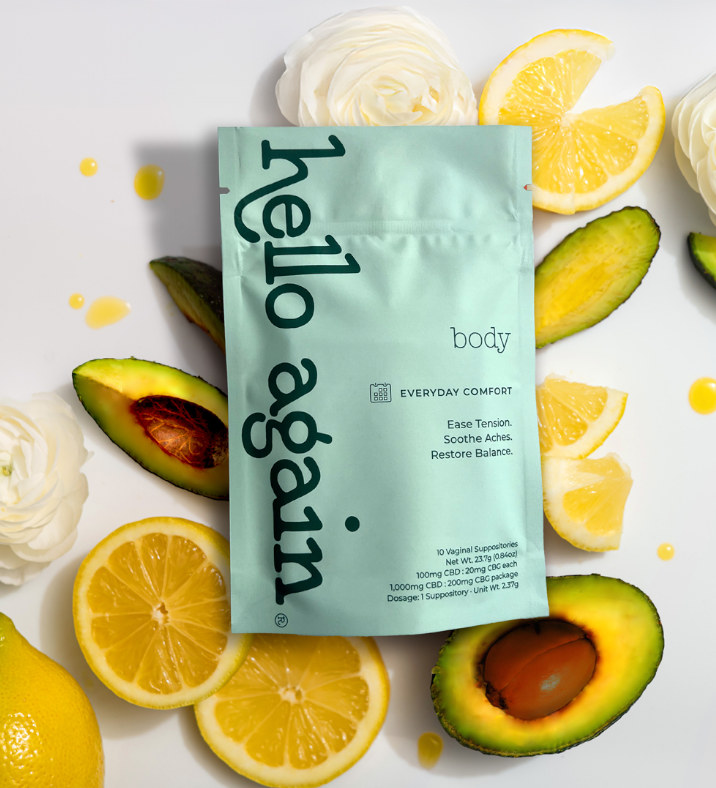 Body product on display with fruits in background