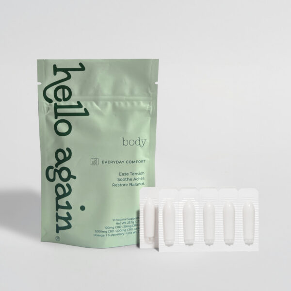 Hello Again body pouch standing upright beside a white blister pack of six vaginal suppositories on a plain light gray background.