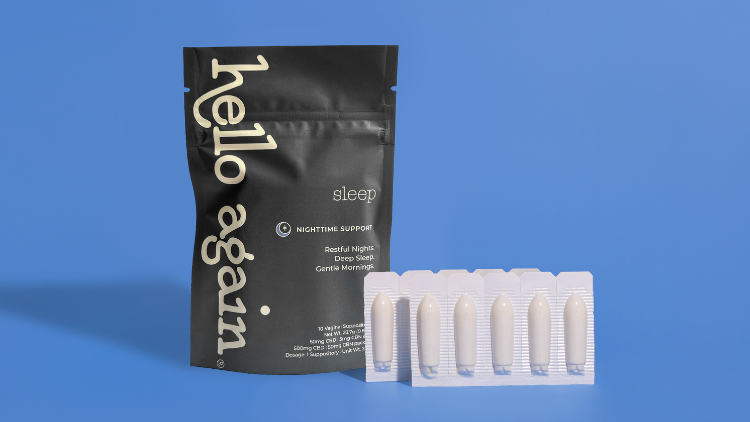 Hello Again Sleep CBN vaginal suppositories designed to support restful nights with CBN for sleep.