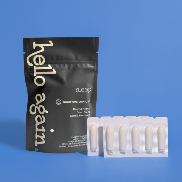 Black Hello Again 'sleep' pouch reading 'Restful Nights. Deep Sleep. Gentle Mornings.' standing on a blue background beside white blister packs of suppositories.