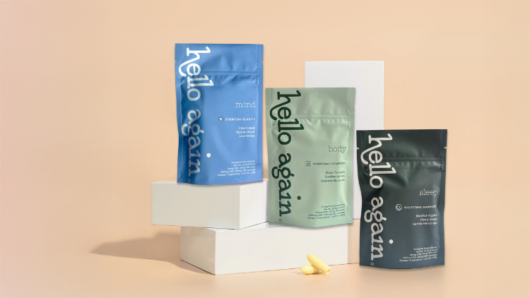 Hello Again Mind, Body, and Sleep CBD suppositories displayed in their color-coded packaging.