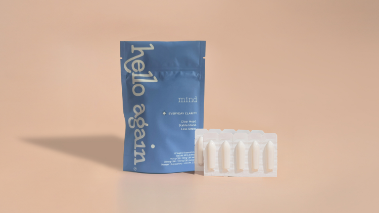 Hello Again Mind CBD suppositories shown beside the blue Mind formula pouch.