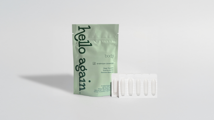 Hello Again Body CBD suppositories shown beside the green Body formula pouch.