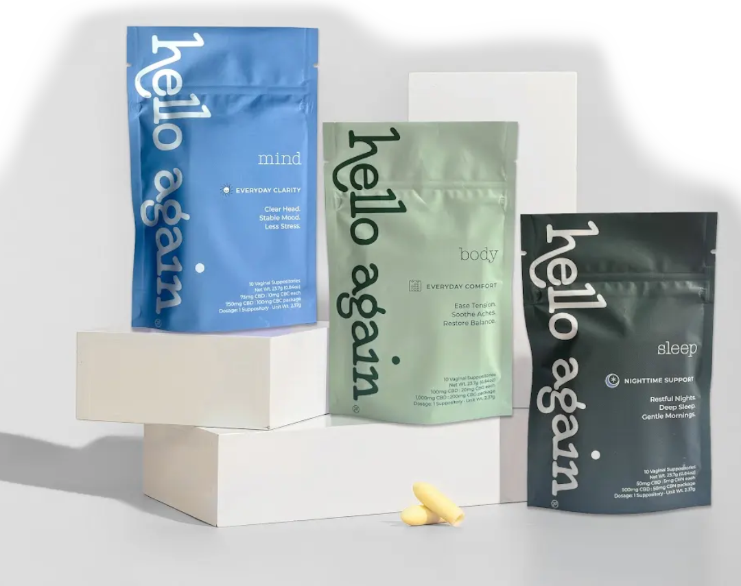 All three Hello Again Products on Display - Mind, Body, Sleep