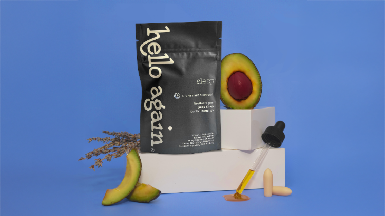 Hello Again Sleep CBD + CBN suppositories displayed with avocado, botanicals, and a dropper against a blue background.
