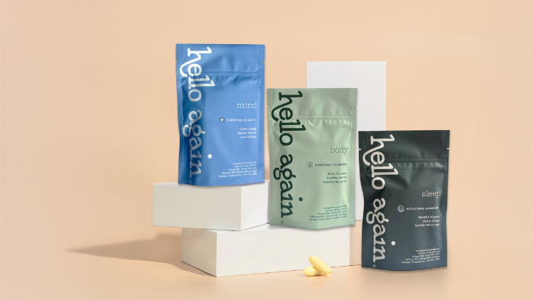 Hello Again Mind, Body, and Sleep CBD suppository packages displayed together on a neutral backdrop.