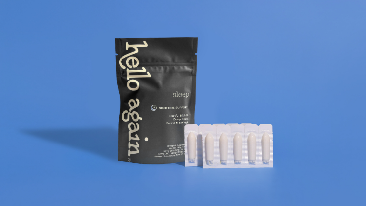 Hello Again Sleep vaginal suppositories with CBD and CBN, a melatonin-free formula designed to support restful sleep and nighttime comfort.