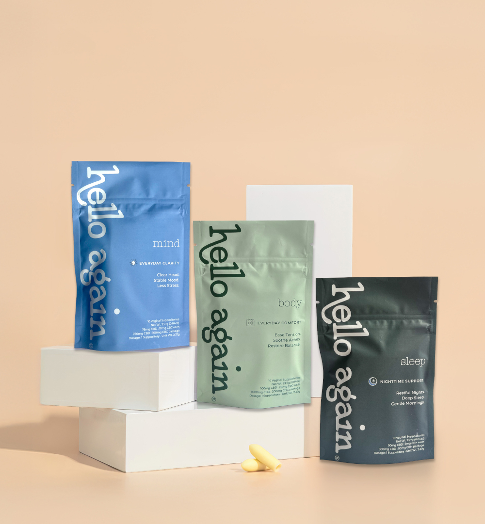 All three Hello Again product packages on display