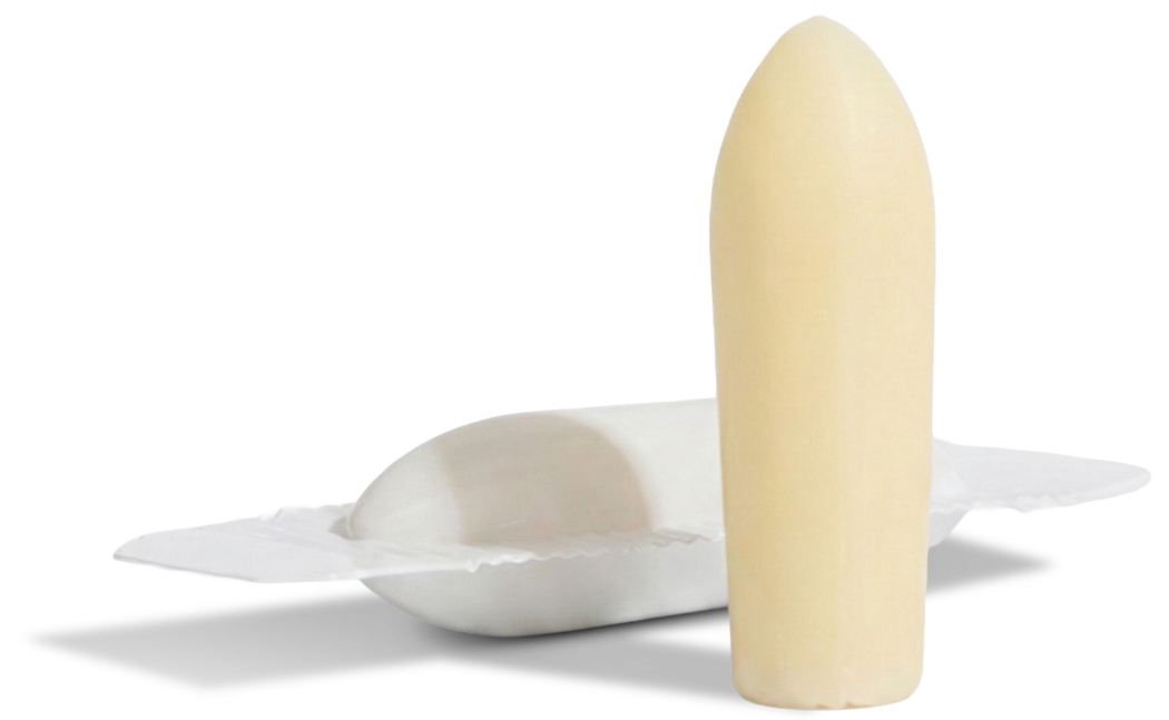 A Hello Again suppository out of the wrapper on display