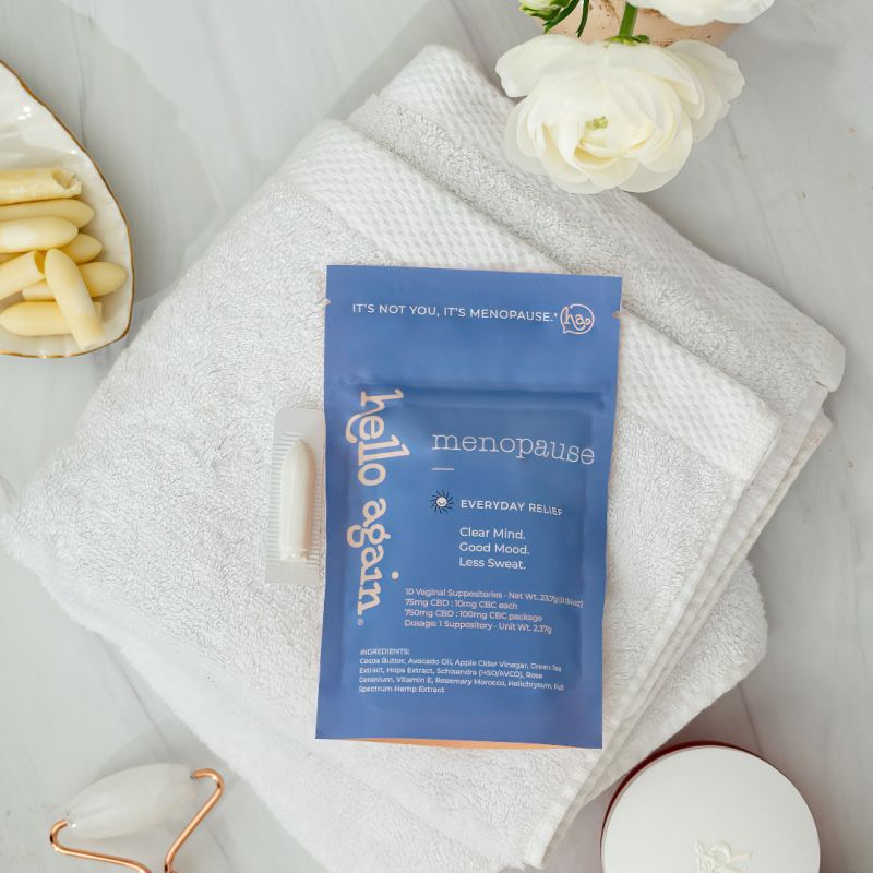 Hello Again Menopause product on a towel.